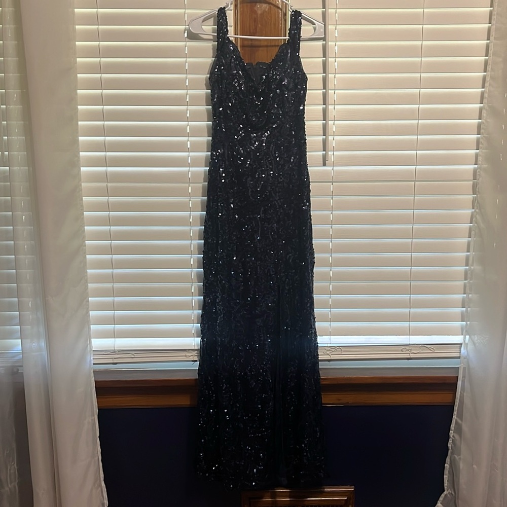 Floor-length midnight blue sequin formal gown